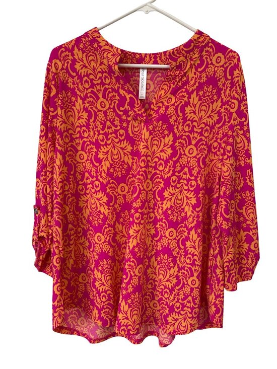 Dear Scarlett Tops - Dear Scarlett Blouse Large Baroque Floral Print 3/4 Sleeve Pink Boho Cottagecore